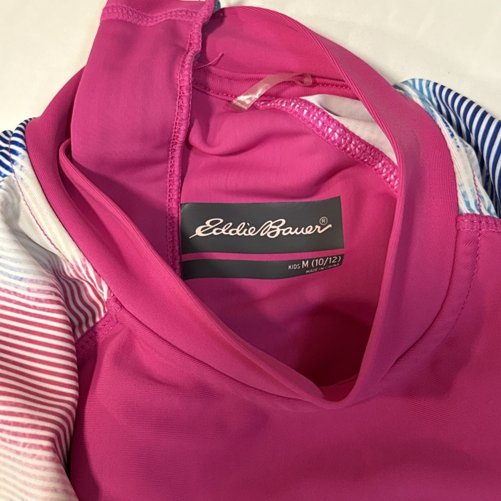 Eddie Bauer Youth Girls Medium Swim Shirt Short Sleeves Pink Zip Back Swimsuit - Picture 6 of 6